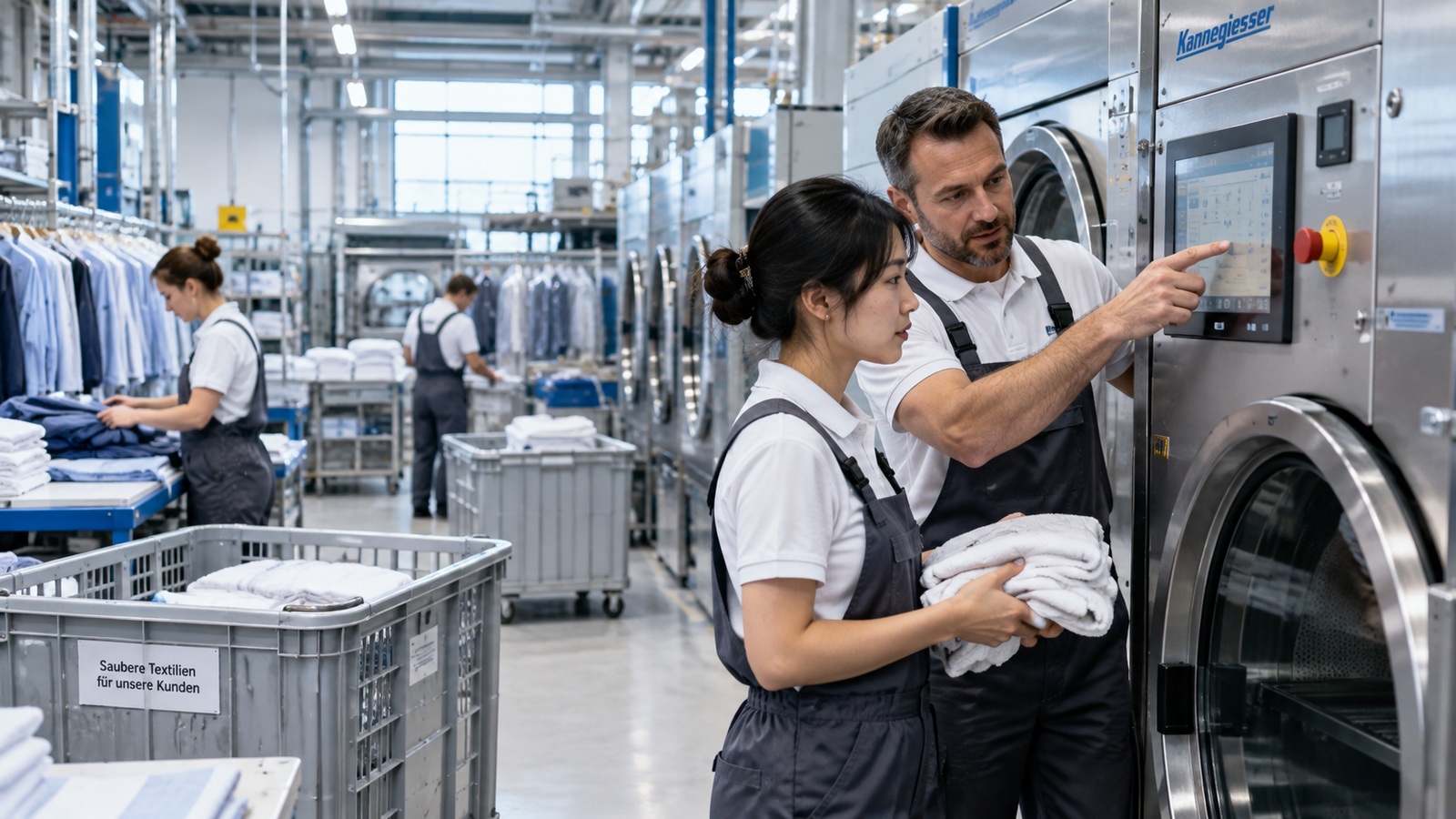 Học viên Textilreiniger vận hành máy giặt công nghiệp hiện đại tại Đức