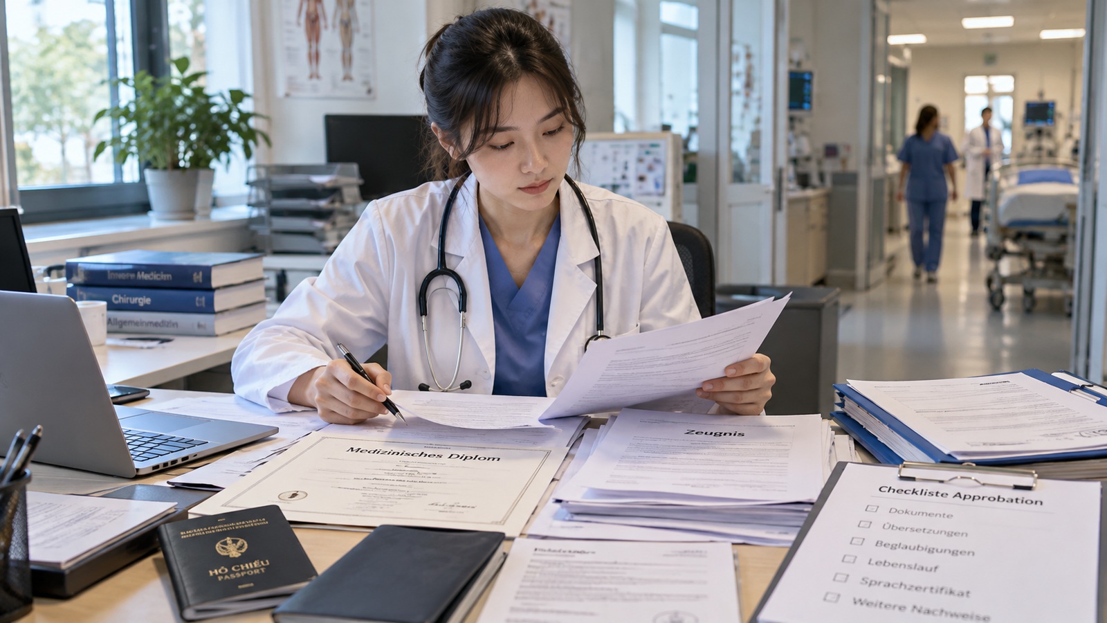 Bác sĩ chuẩn bị hồ sơ Approbation với bằng cấp, bản dịch và giấy tờ chuyên môn tại Đức