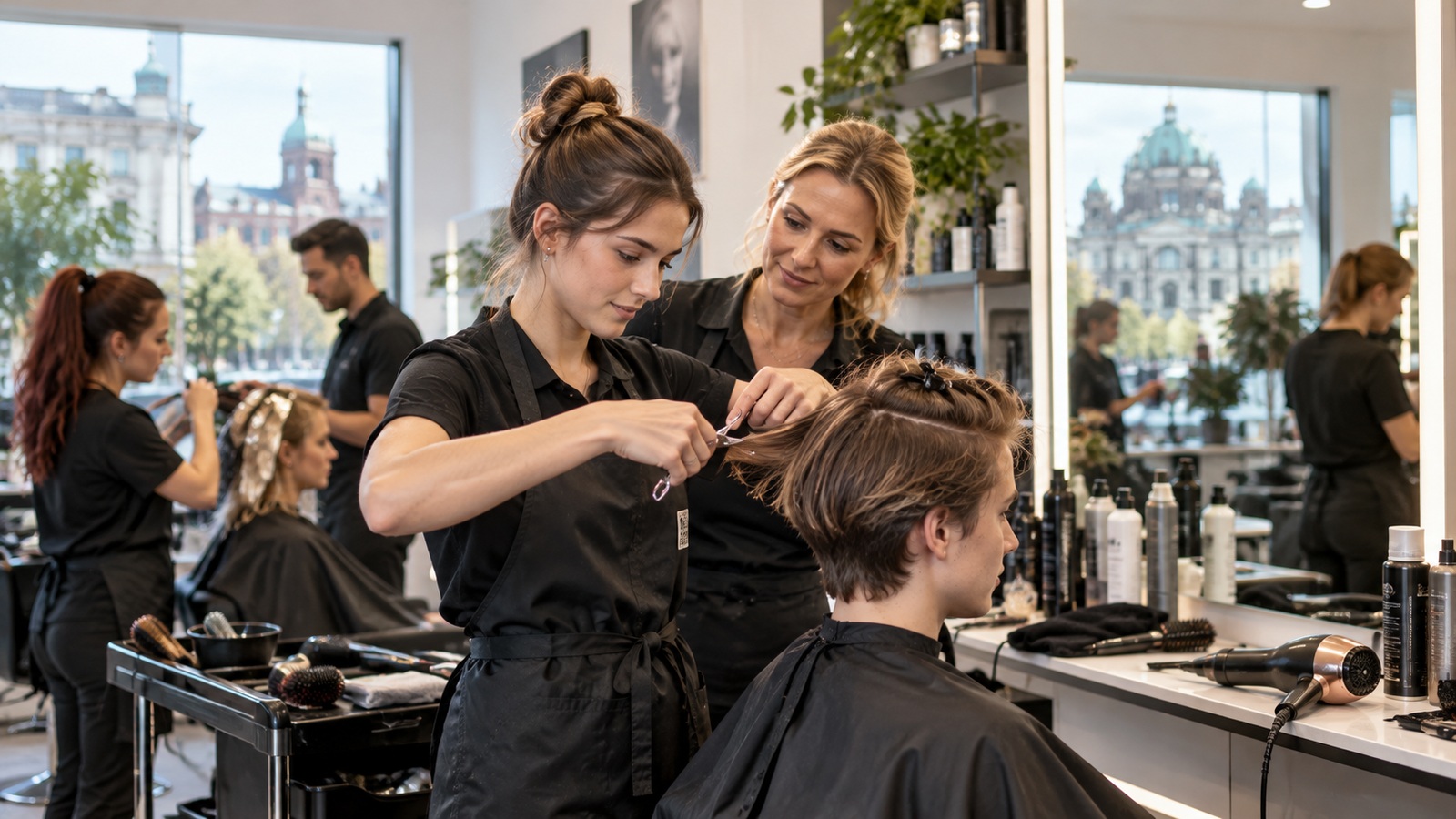 Học viên Friseur thực hành cắt tóc trong salon tại Đức