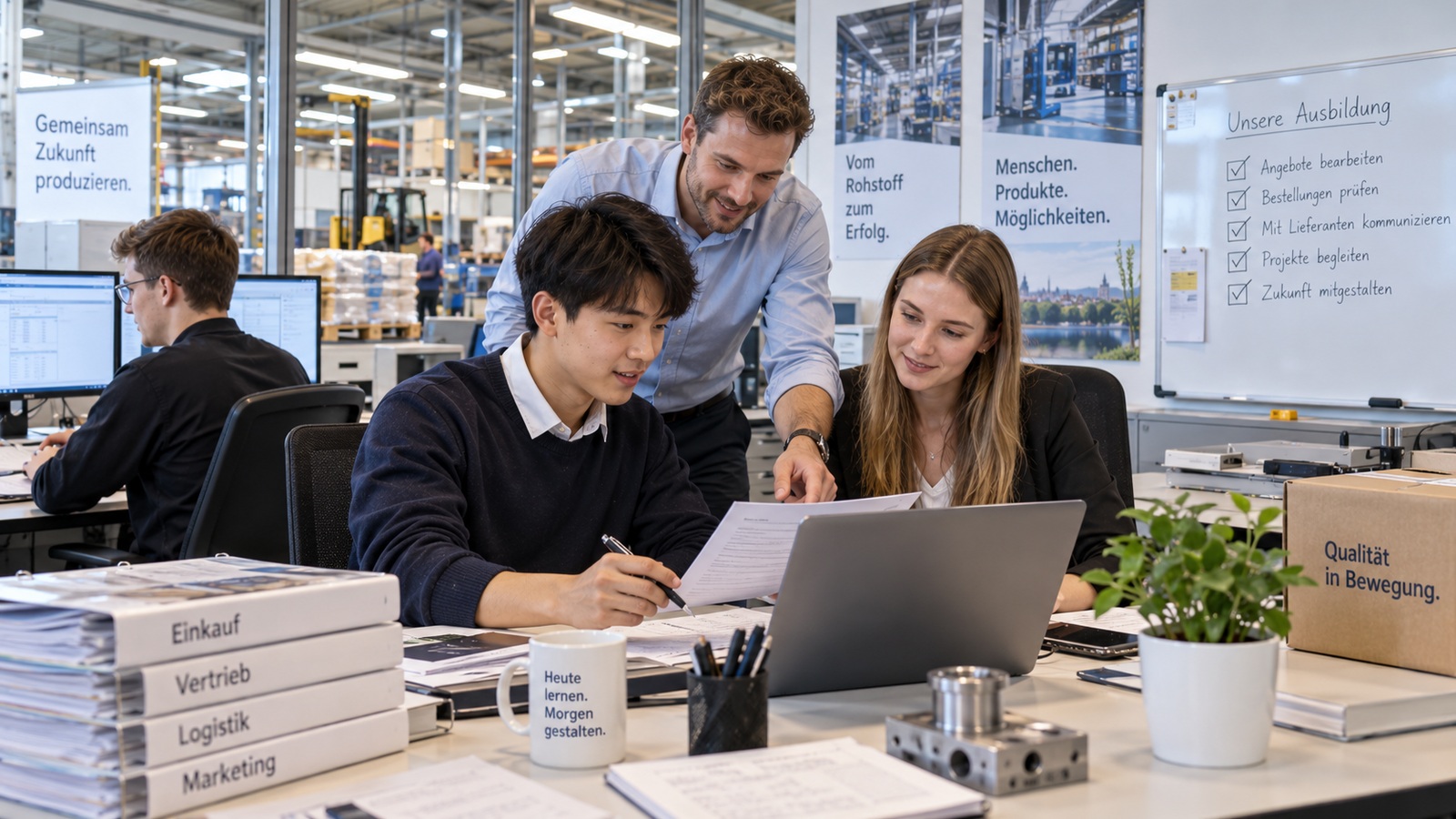Học viên Industriekaufmann phối hợp mua hàng, logistics và Vertrieb trong doanh nghiệp Đức
