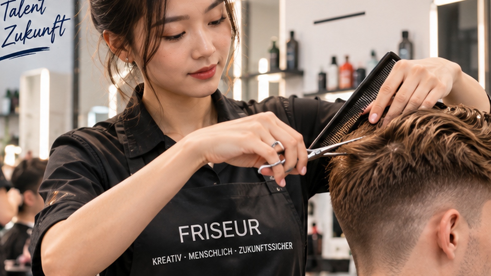 Học viên Friseur thực hành cắt, nhuộm và tạo kiểu trong salon Đức
