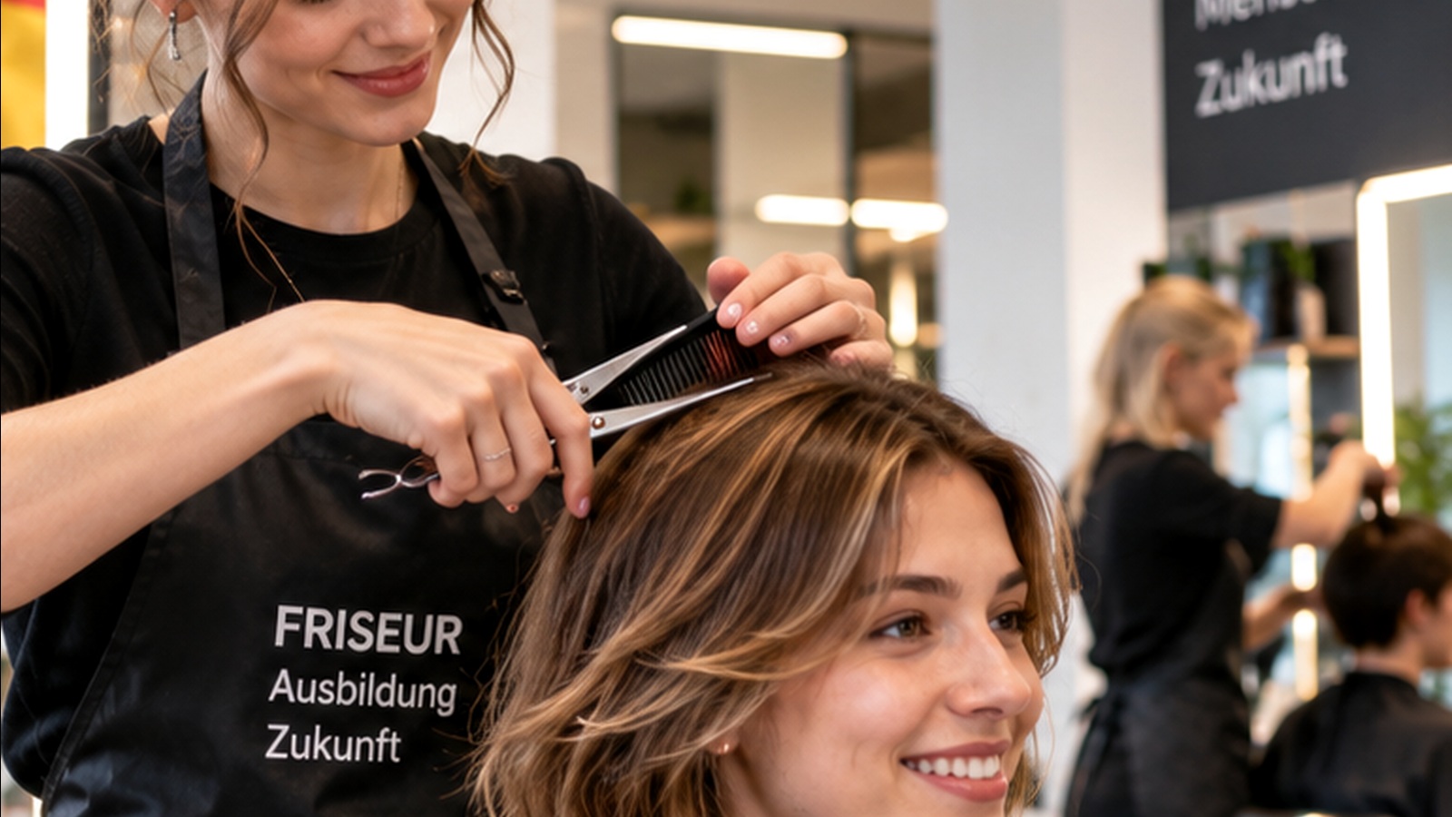 Friseur tư vấn khách hàng và tạo kiểu tóc trong salon Đức