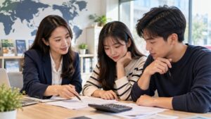Ảnh minh họa AI: người học thực hành đo chi tiết máy cùng người hướng dẫn trong xưởng kỹ thuật.