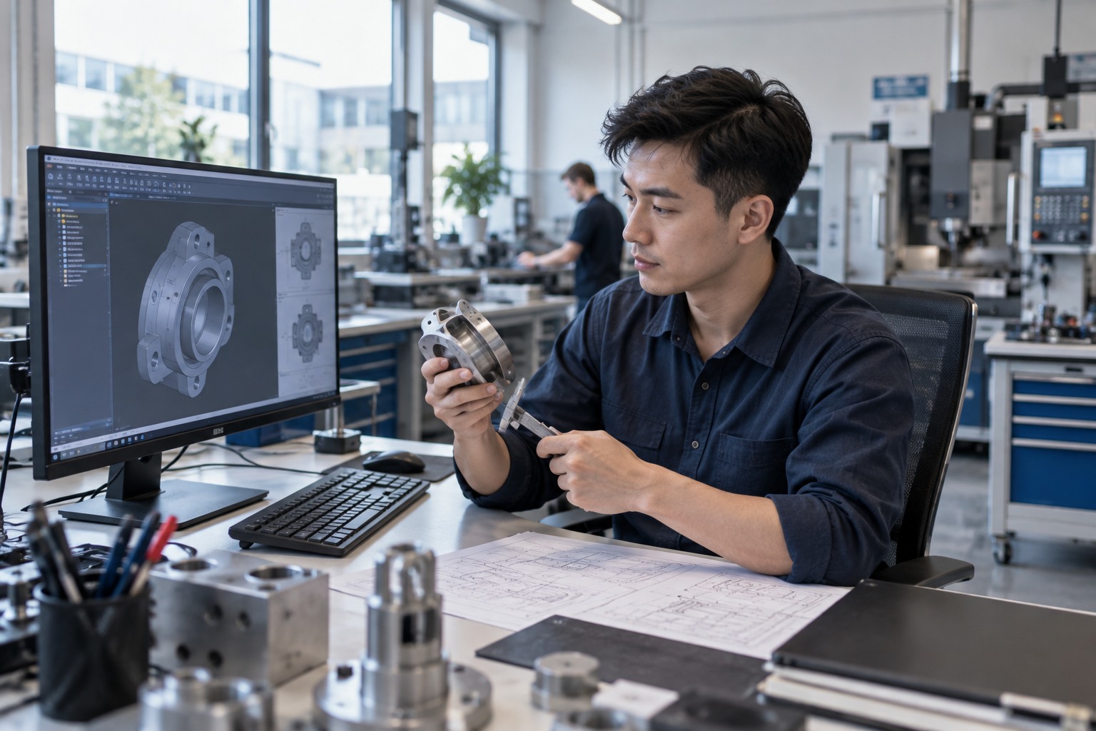 Minh họa chuyên viên kỹ thuật đối chiếu chi tiết kim loại với mô hình CAD trong phòng thiết kế.