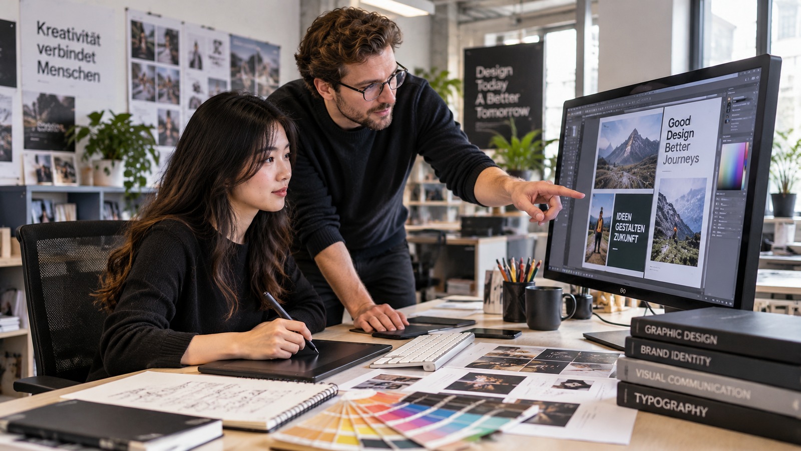 Học viên thiết kế làm việc cùng người hướng dẫn trong studio sáng tạo với màn hình, bảng màu và bảng vẽ điện tử