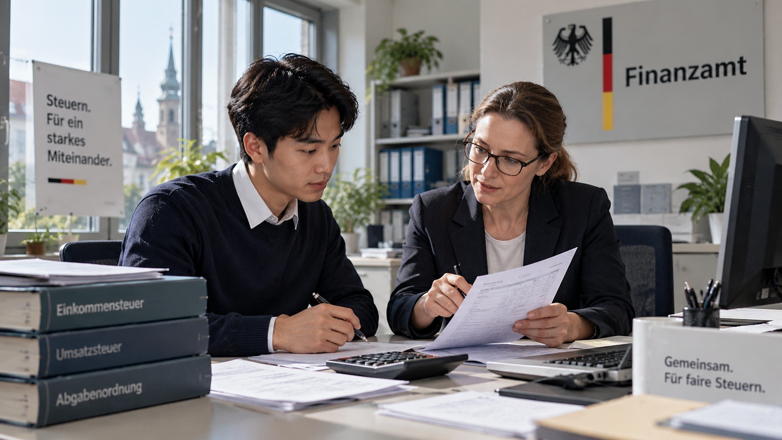 Học viên Finanzwirt được hướng dẫn xử lý hồ sơ thuế tại cơ quan tài chính Đức