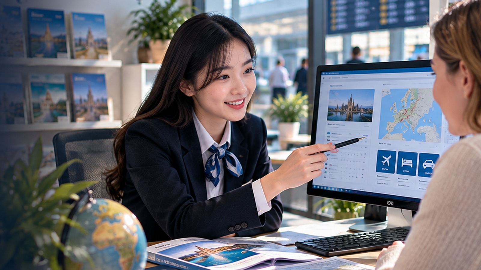 Nhân viên du lịch tư vấn chuyến đi, khách sạn và phương tiện trên hệ thống booking