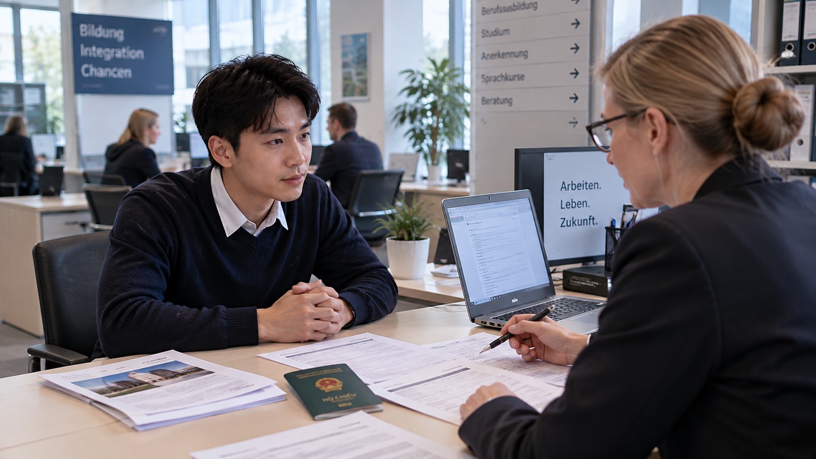 Ứng viên Việt Nam trao đổi về điều kiện hồ sơ và quốc tịch tại cơ quan hành chính Đức