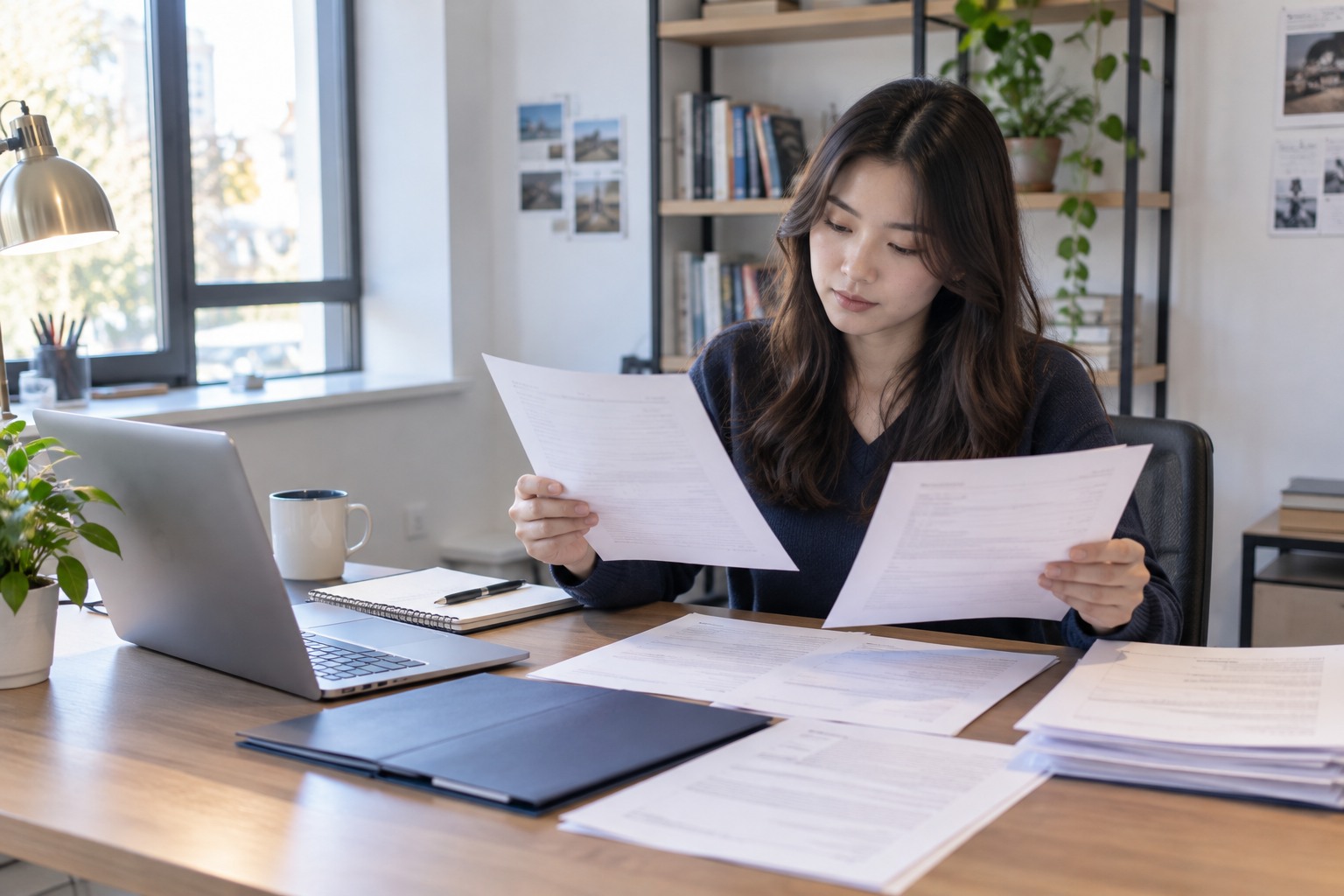 Minh họa ứng viên rà soát văn bằng và tài liệu học tập cạnh máy tính.