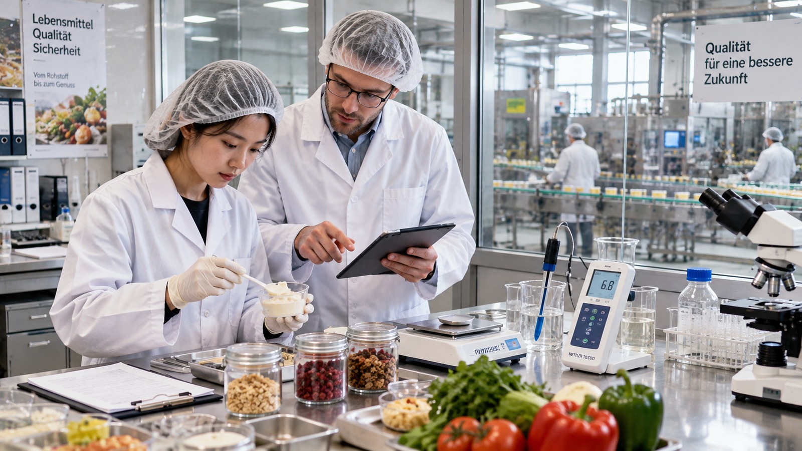 Học viên công nghệ thực phẩm kiểm tra mẫu, pH và chất lượng trong phòng lab cạnh dây chuyền sản xuất