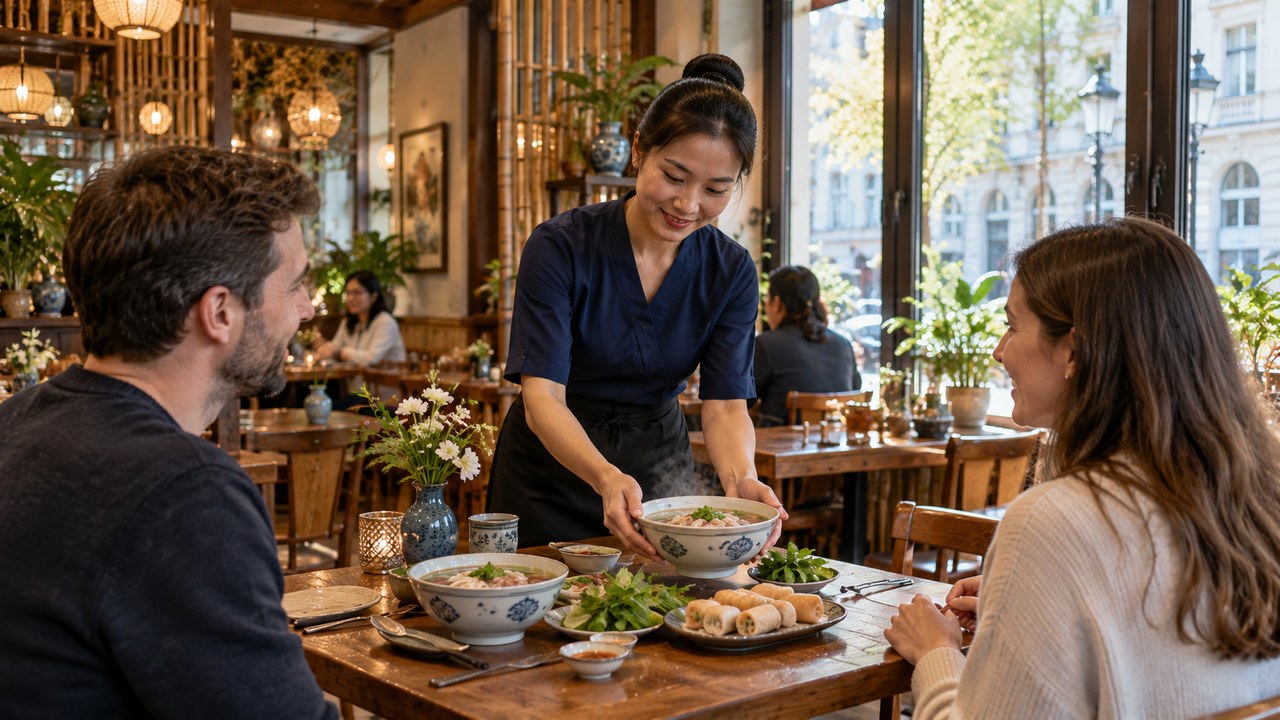 Ảnh minh họa AI không gian nhà hàng Việt và phục vụ món ăn tại bàn