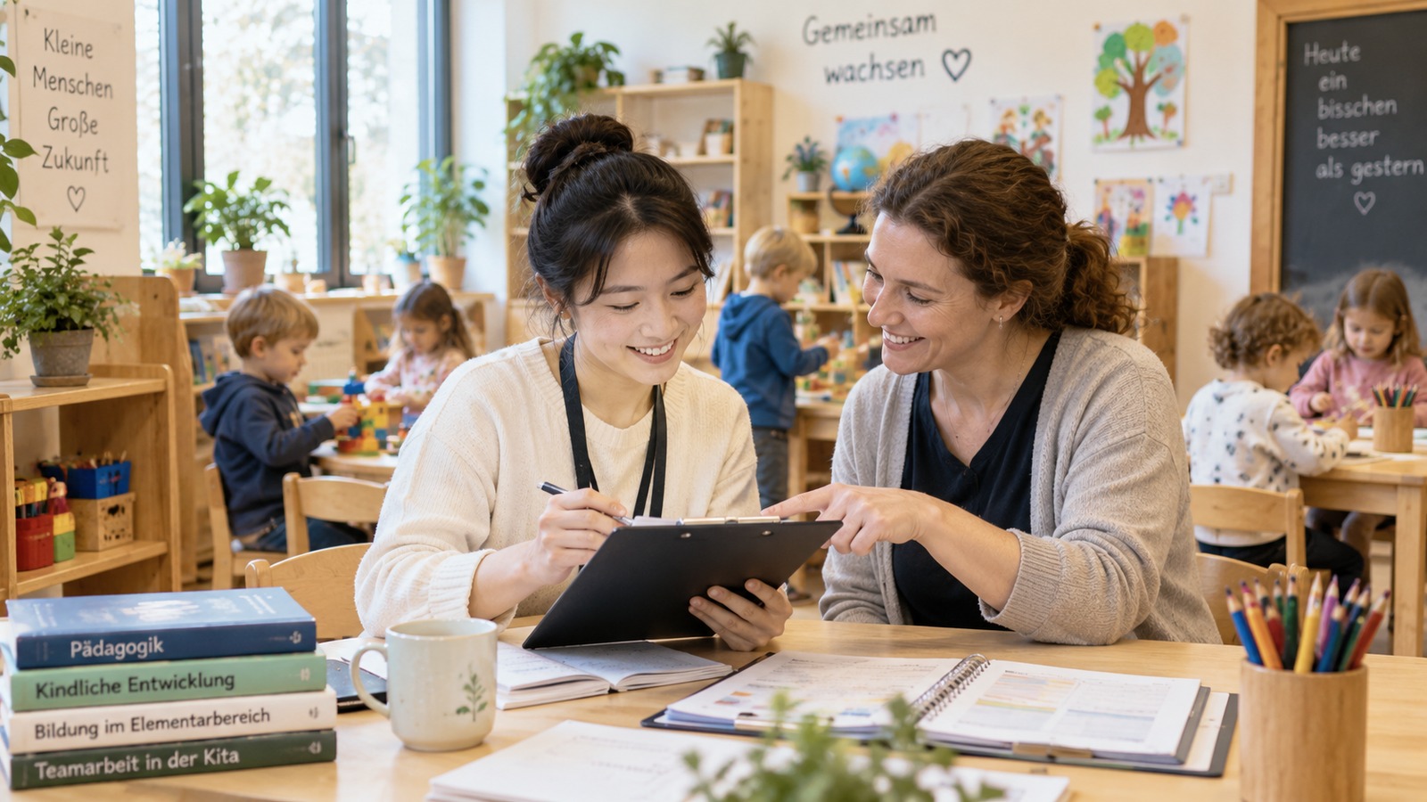 Học viên PiA trao đổi với mentor và ghi chép quan sát trong một Kita tại Đức