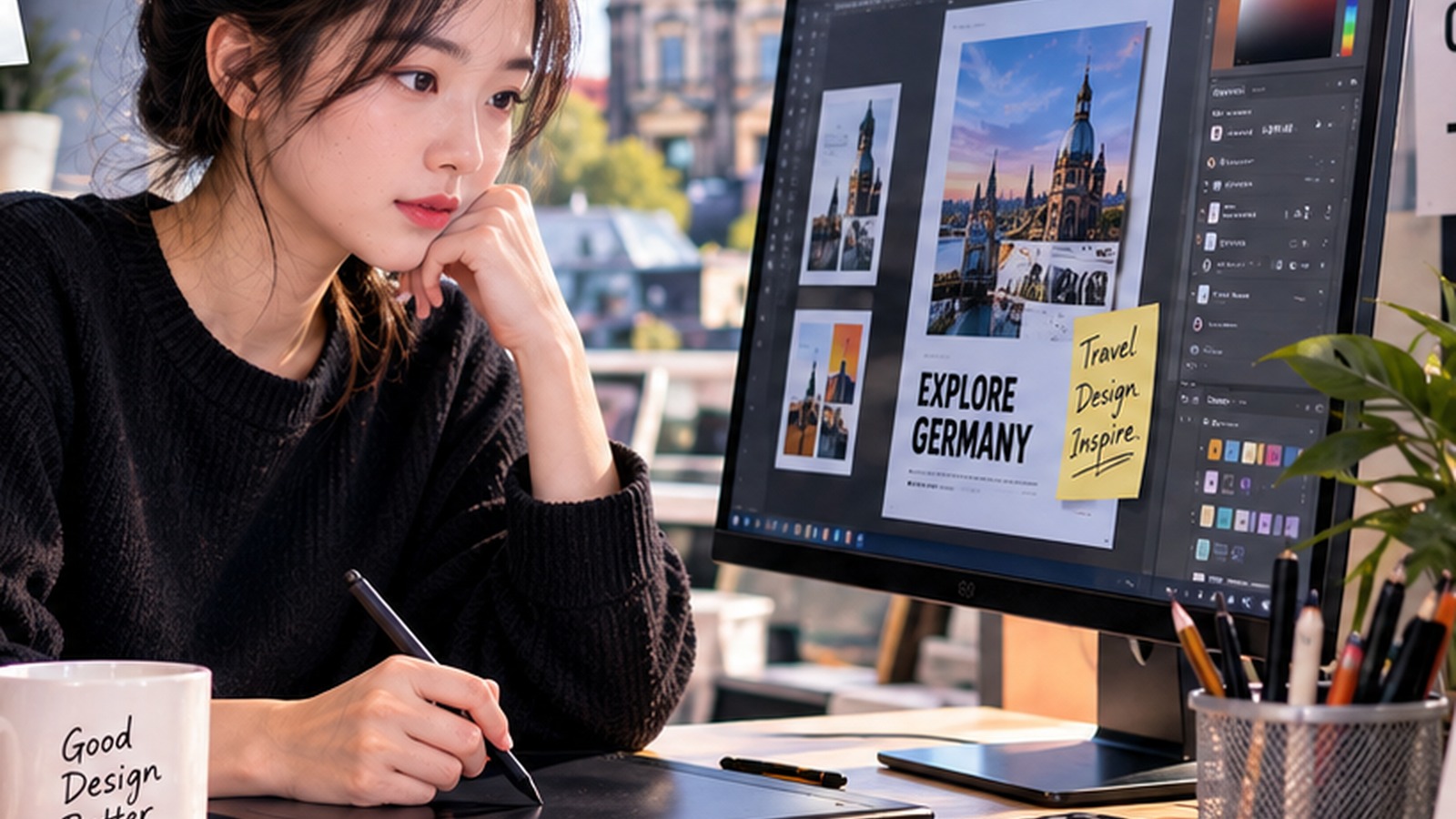 Không gian sáng tạo với màn hình thiết kế, màu sắc thương hiệu và tài liệu xây dựng concept hình ảnh