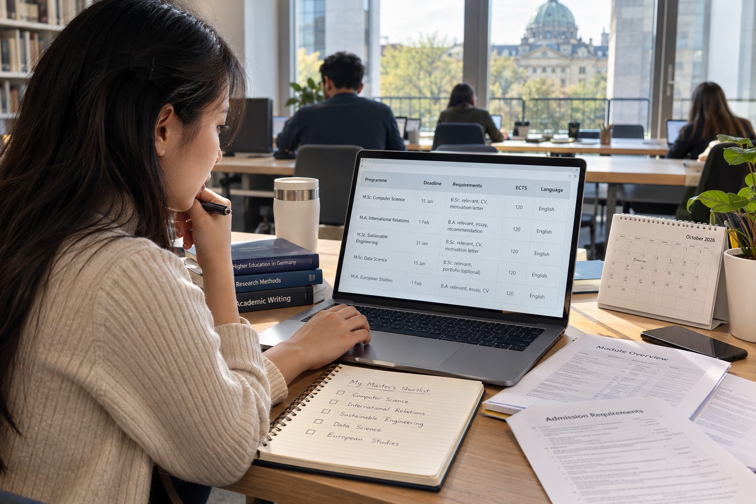 Ứng viên dùng laptop để so sánh chương trình Master tại Đức theo điều kiện, deadline và môn học