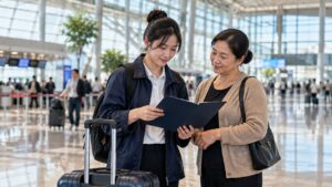 Ảnh minh họa AI: người tư vấn và hai người tìm hiểu công việc cùng xem giấy tờ, máy tính cầm tay trên bàn.