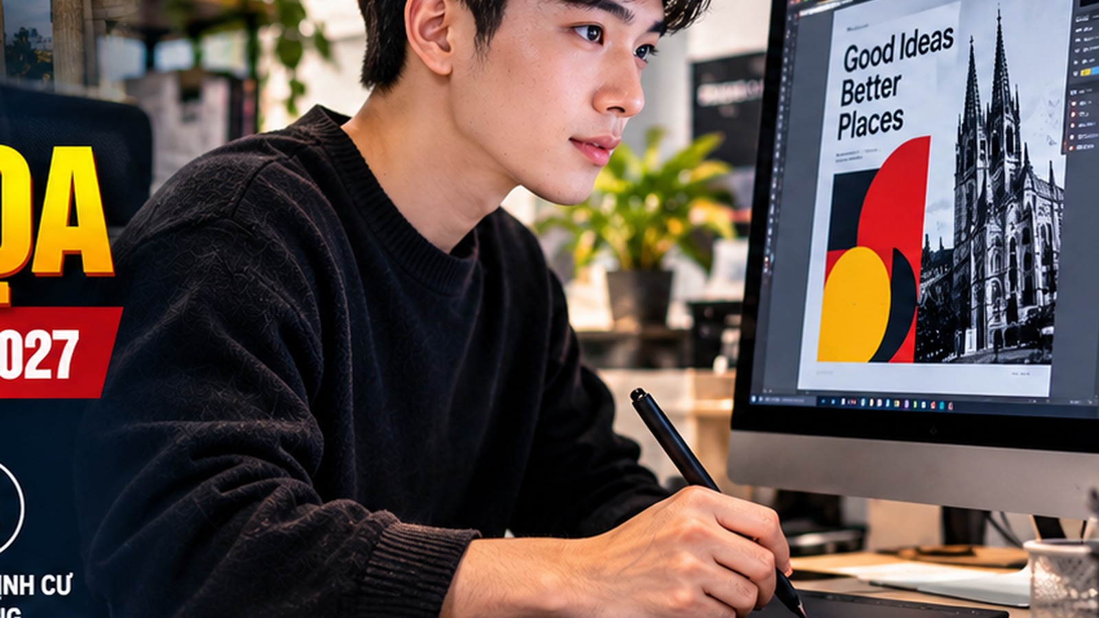 Nhà thiết kế trẻ làm việc với sản phẩm digital, branding và visual communication trong studio hiện đại