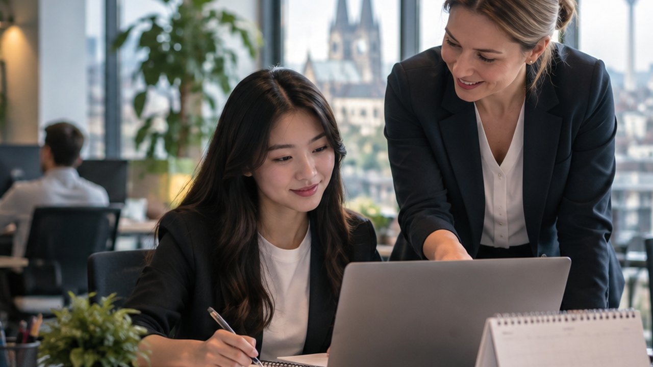 Học viên Ausbildung văn phòng trao đổi công việc với người hướng dẫn trong môi trường doanh nghiệp Đức
