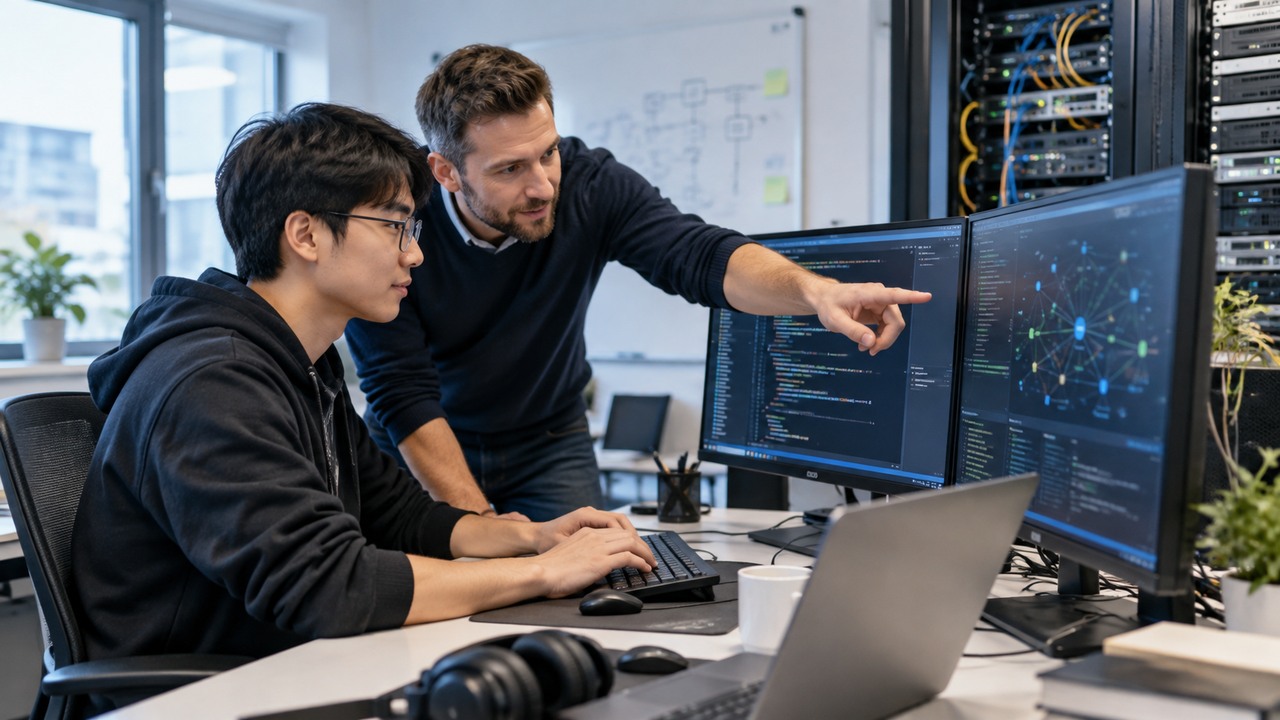 Học viên Fachinformatiker trao đổi với người hướng dẫn trong môi trường đào tạo IT tại Đức