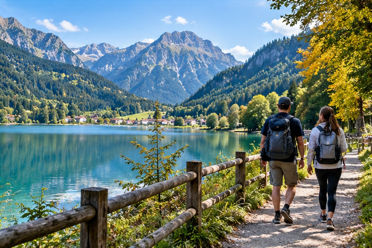 Du khách đi bộ bên hồ giữa cảnh núi cao, minh họa hành trình khám phá Bayern