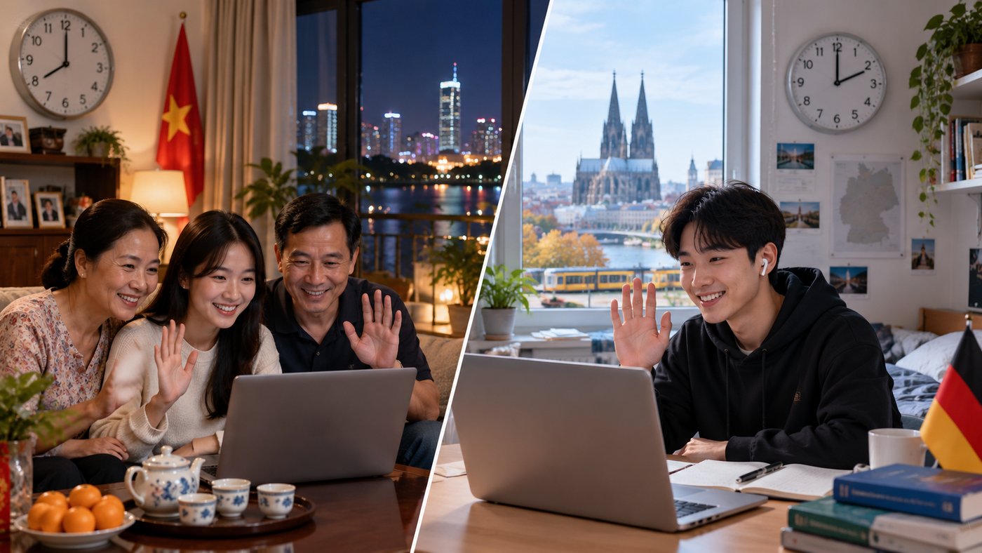 Gia đình Việt Nam và du học sinh tại Đức gọi video ở hai múi giờ khác nhau