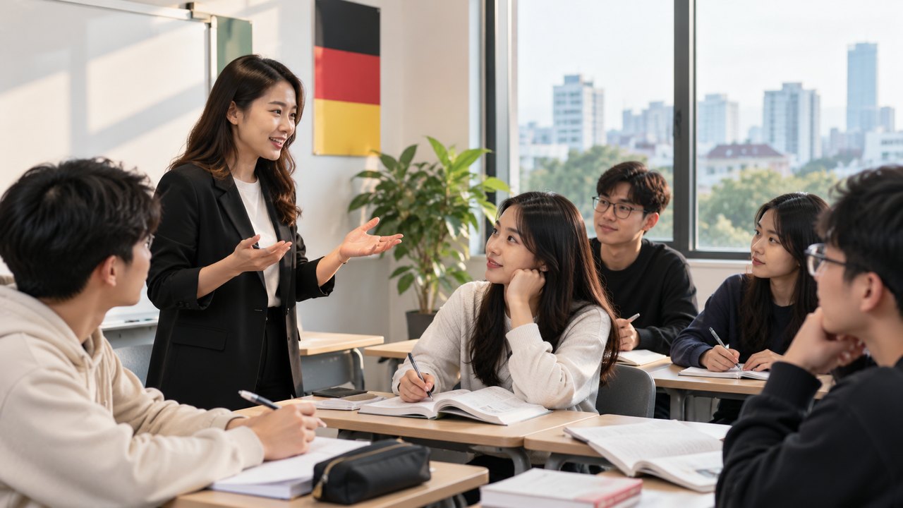 Lớp học tiếng Đức với giáo viên hướng dẫn học viên quốc tế trong môi trường hiện đại