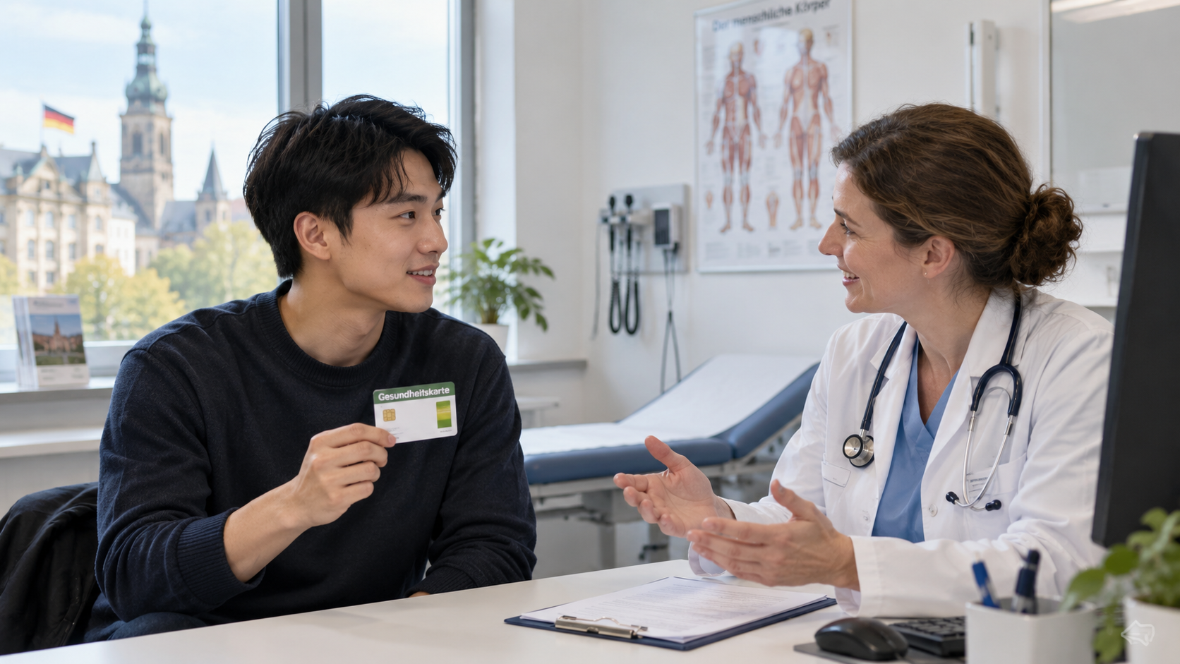 Người lao động trao đổi với bác sĩ về bảo hiểm y tế tại Đức