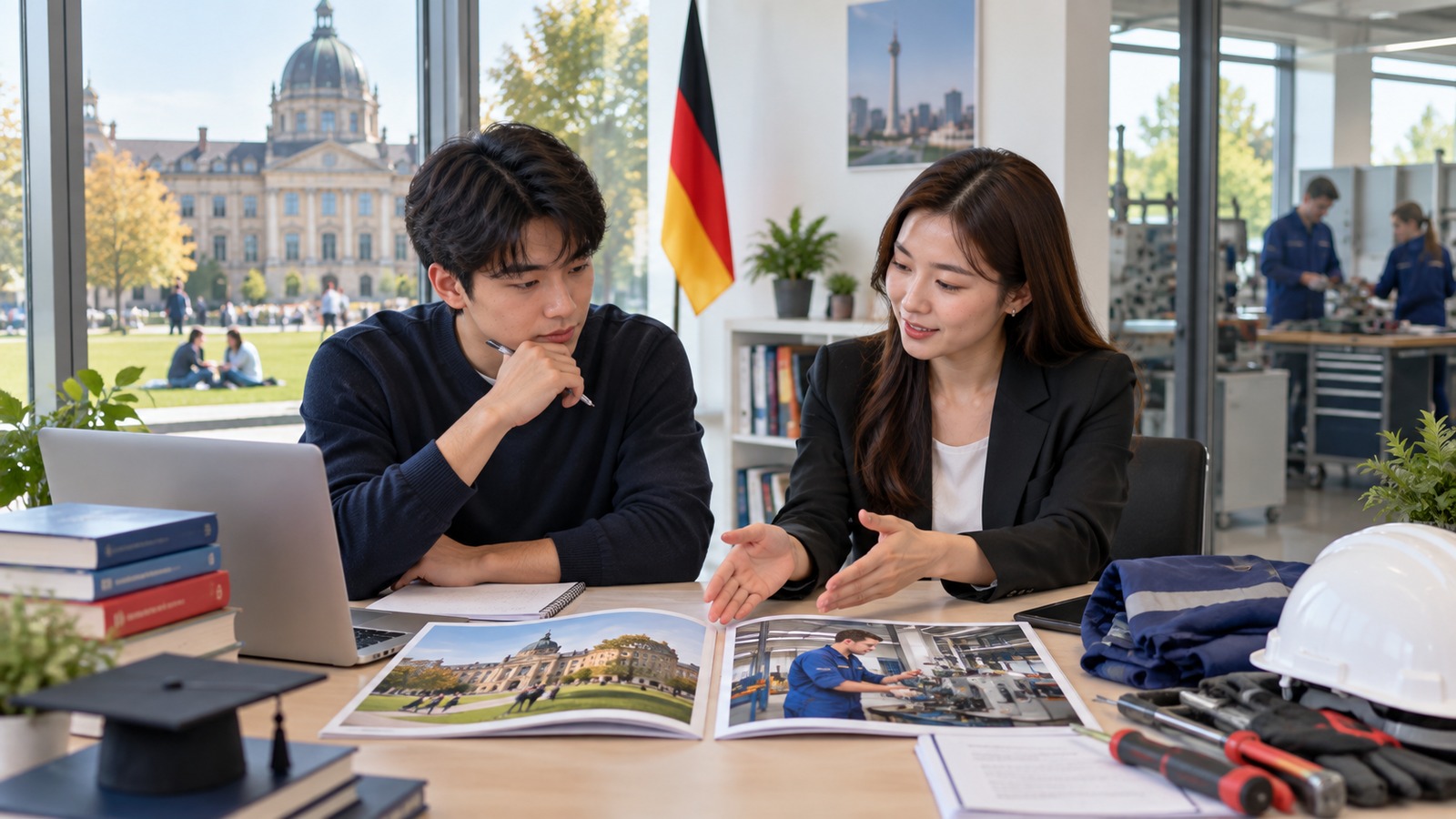 Học sinh và cố vấn cùng so sánh lộ trình Ausbildung với Đại học tại Đức