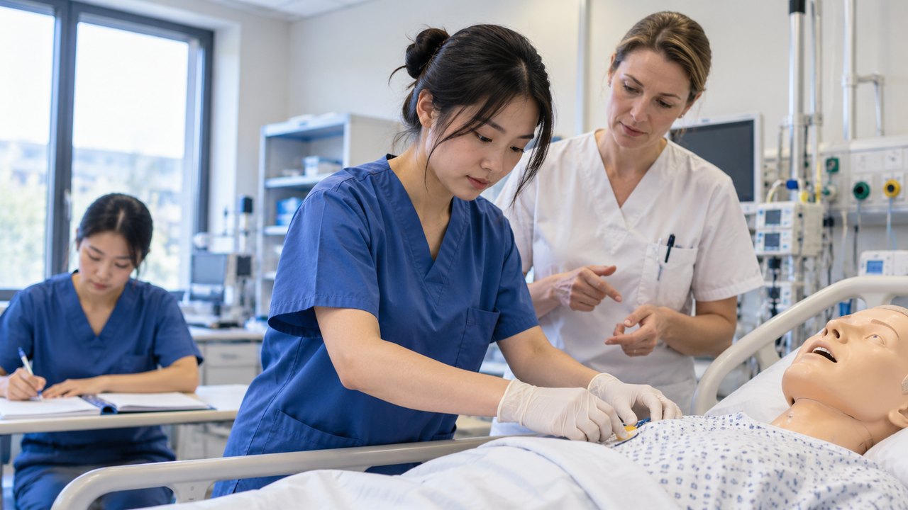 Điều dưỡng viên trao đổi hồ sơ chuyên môn với bộ phận phụ trách công nhận trong môi trường y tế Đức