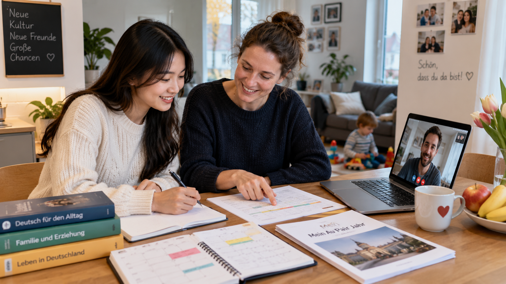 Au Pair và gia đình host cùng xem lịch sinh hoạt, quyền lợi và thỏa thuận trong hợp đồng