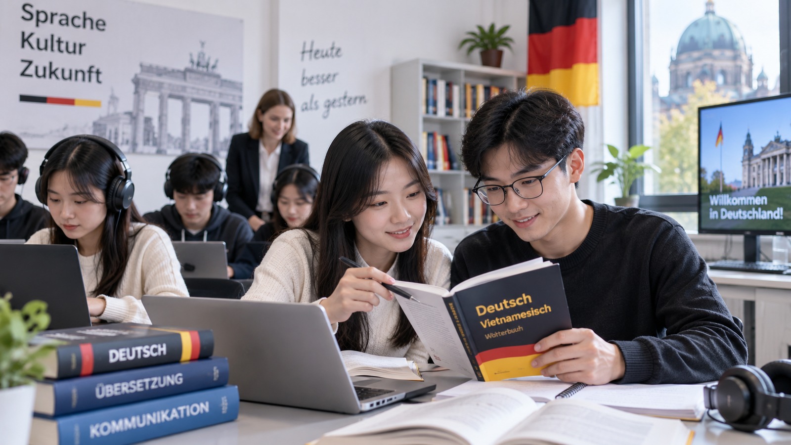 Sinh viên thực hành tiếng Đức, dịch thuật và giao tiếp trong phòng học ngôn ngữ