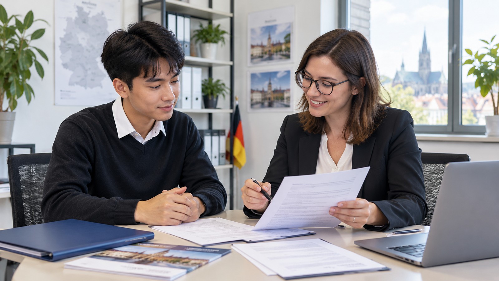 Người học và người tư vấn trao đổi giấy tờ tại bàn làm việc
