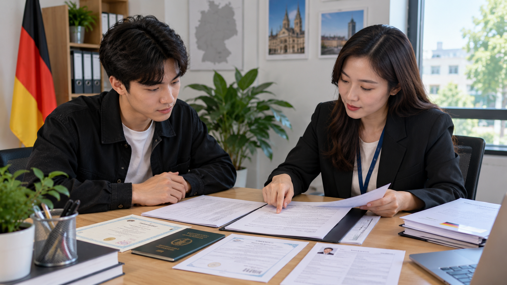 Ứng viên rà soát hợp đồng Ausbildung, CV, thư động lực, hộ chiếu và chứng chỉ tiếng Đức trước khi nộp visa