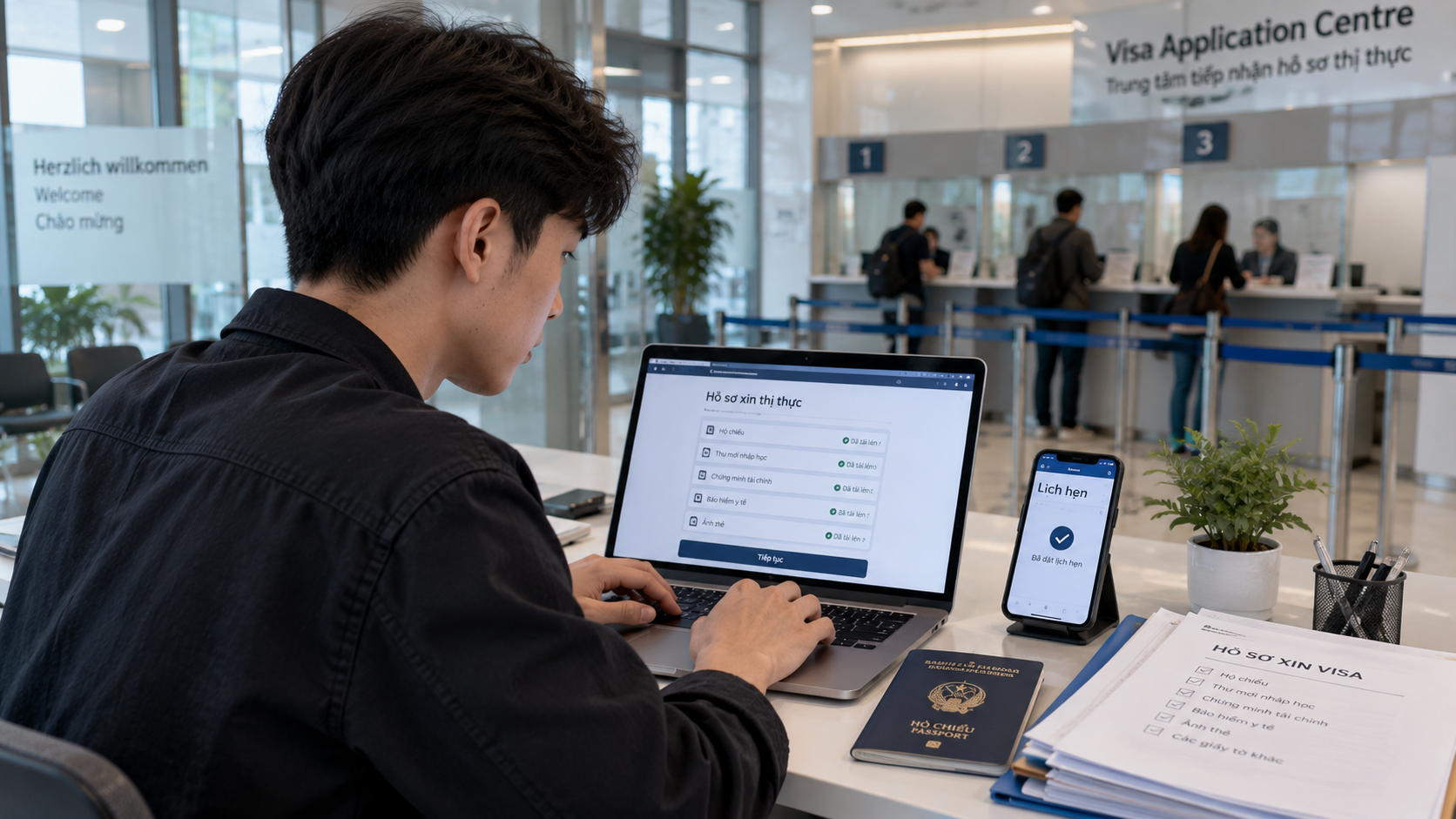 Ứng viên tải hồ sơ visa học nghề lên cổng trực tuyến và chuẩn bị lịch hẹn tại trung tâm tiếp nhận visa