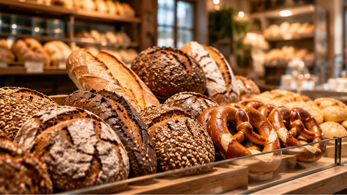 Các ổ bánh mì và bánh Brezel trên quầy tiệm bánh