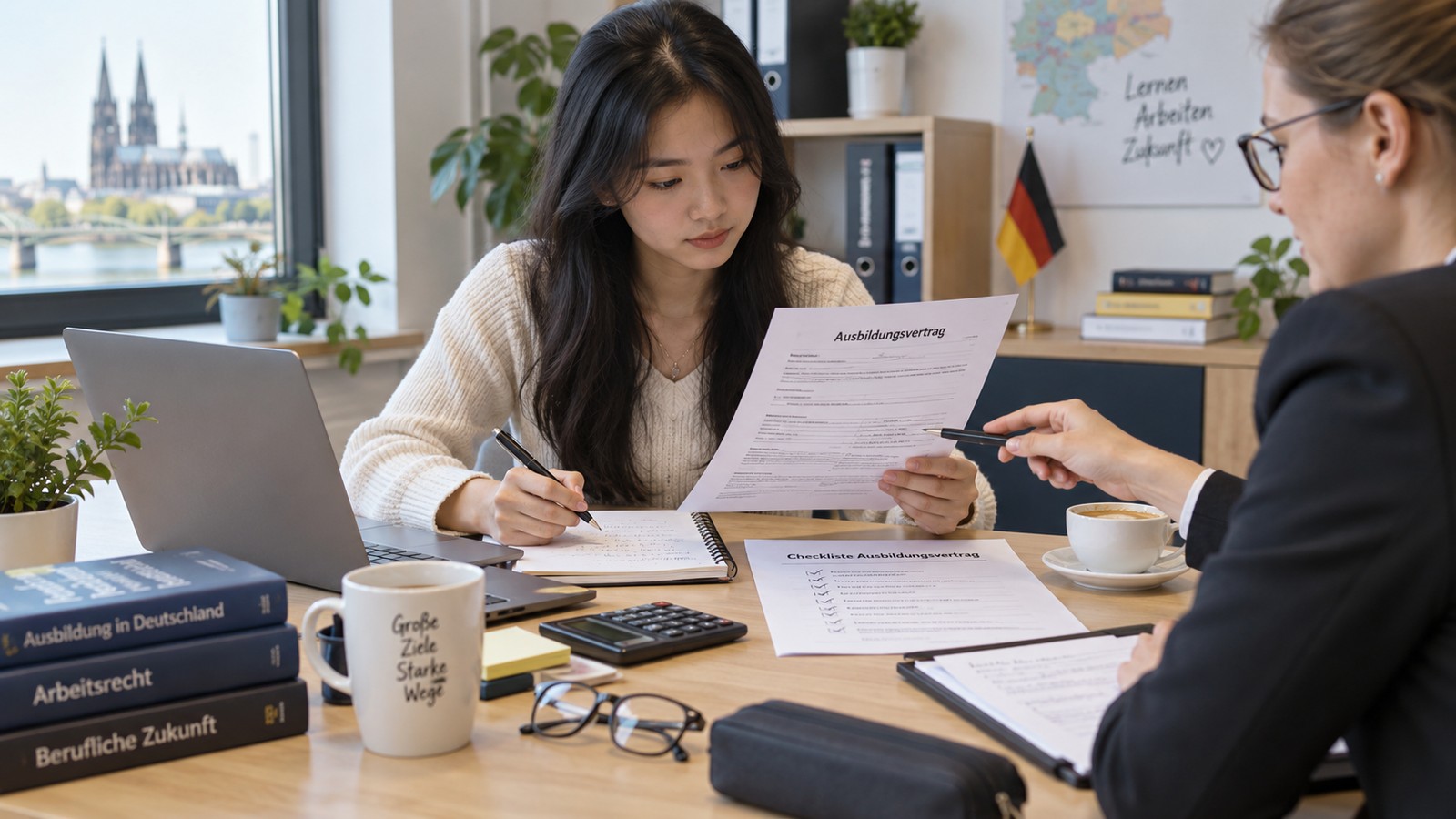 Người học đọc tài liệu đào tạo và ghi chú khi trao đổi với người tư vấn