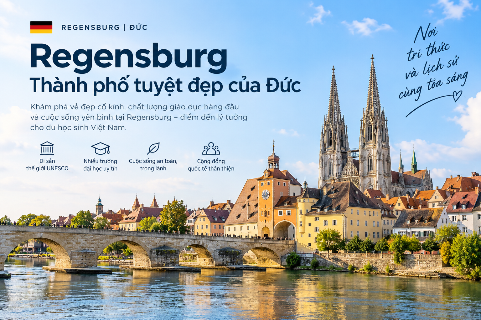 Phố cổ Regensburg bên sông Danube với cầu đá và kiến trúc lịch sử