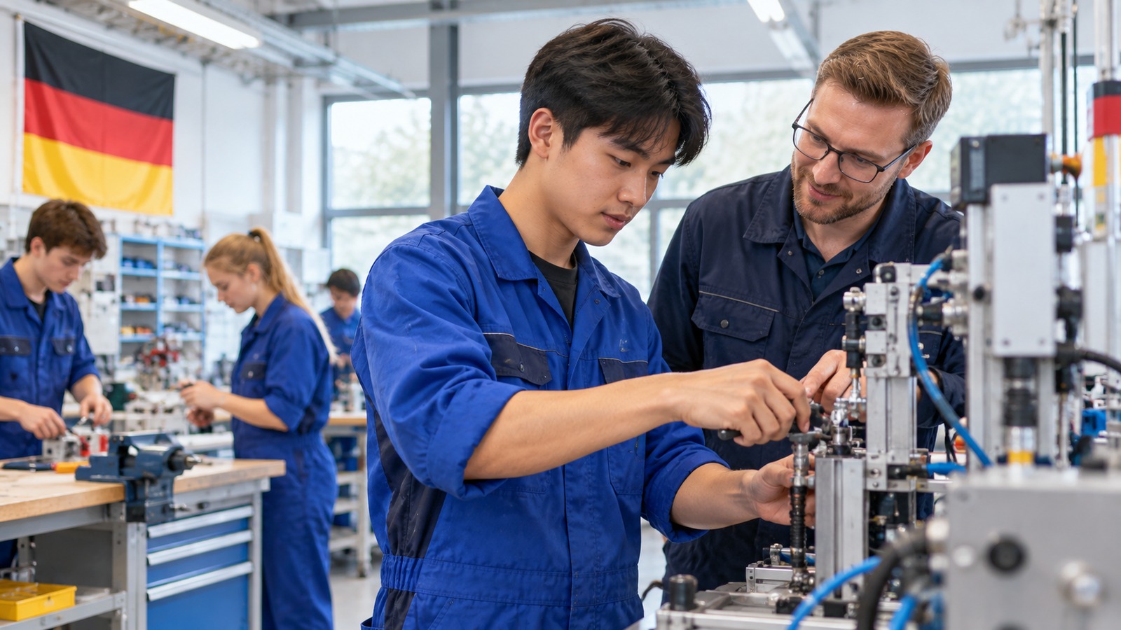 Học viên Ausbildung thực hành trong xưởng kỹ thuật tại Đức