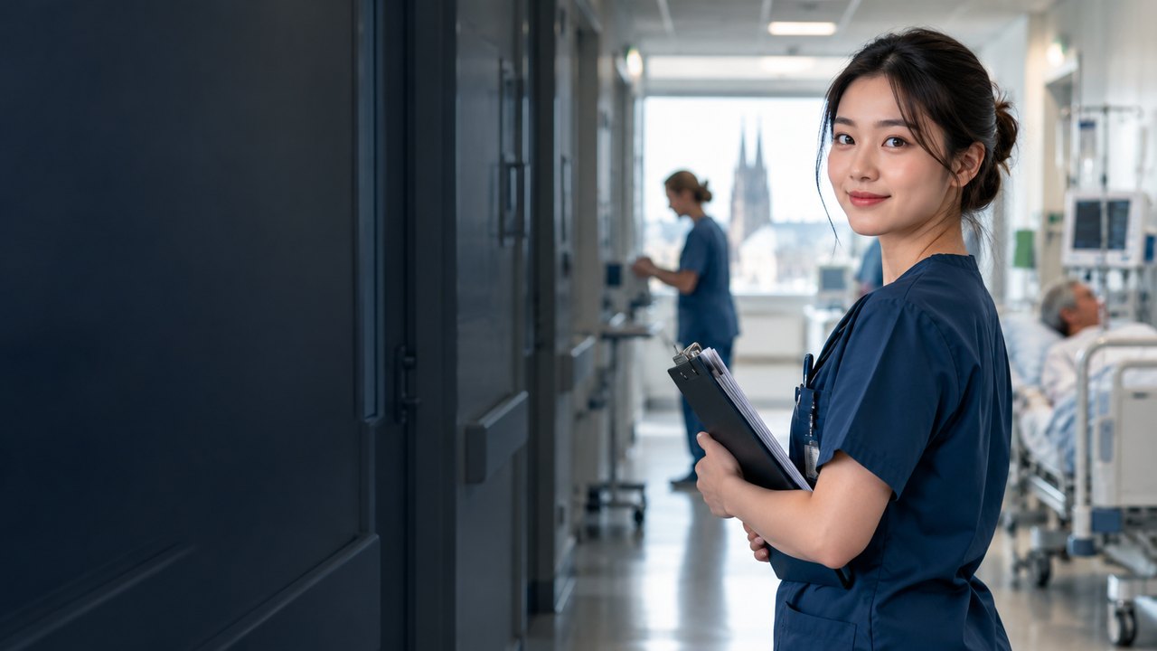 Điều dưỡng viên làm việc cùng đồng nghiệp và người bệnh tại cơ sở y tế ở Đức