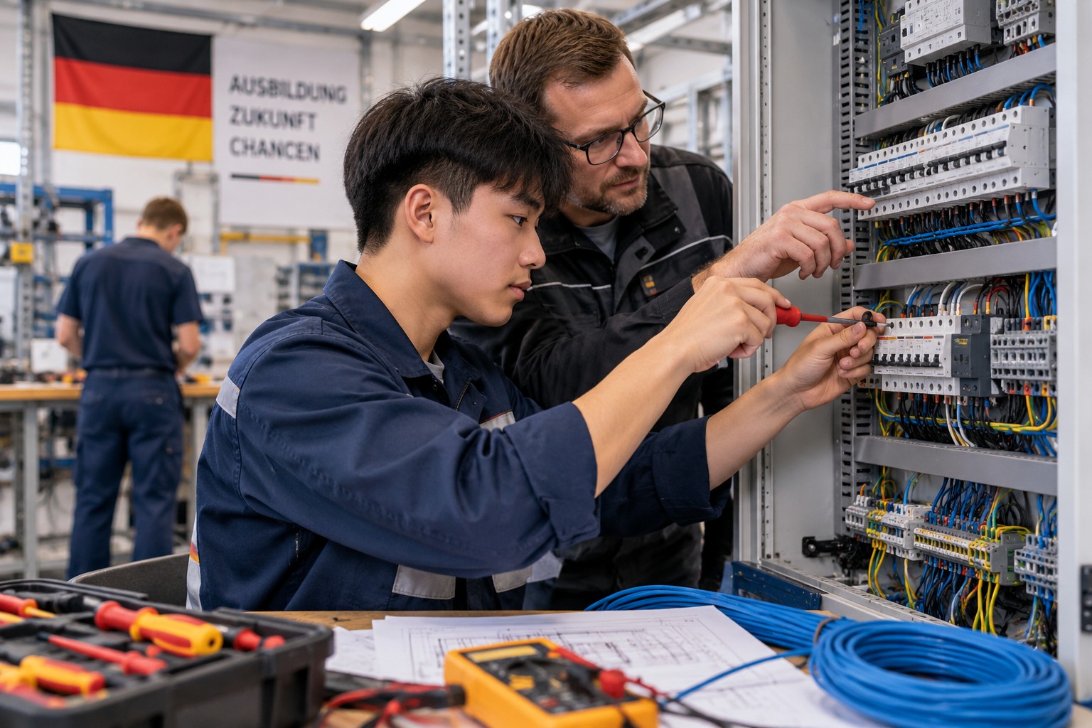 Minh họa học viên Ausbildung thực hành tủ điện cùng người hướng dẫn tại Đức