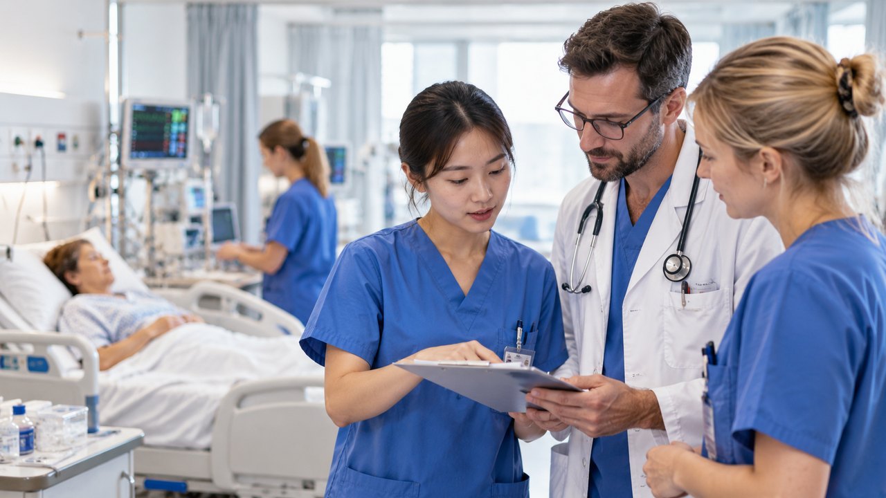 Điều dưỡng viên làm việc cùng đội ngũ y tế trong bệnh viện sau khi hoàn thành công nhận nghề tại Đức