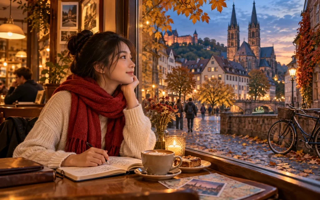 Minh họa cô gái quàng khăn đỏ viết sổ bên cửa sổ quán cà phê trong một thị trấn Đức mùa thu