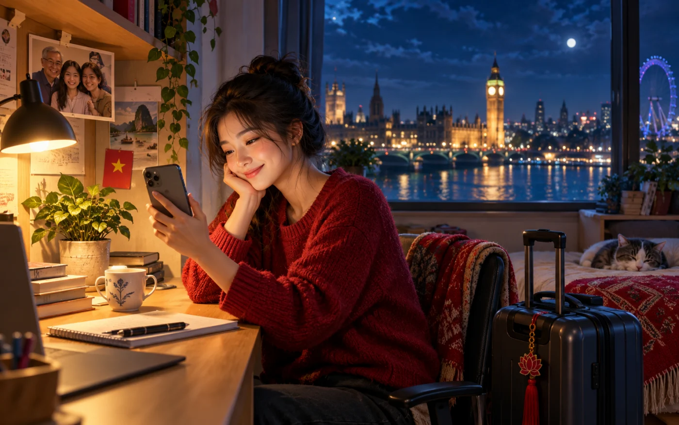 Minh họa một cô gái gọi điện về nhà trong căn phòng ấm sáng, ngoài cửa sổ là thành phố về đêm