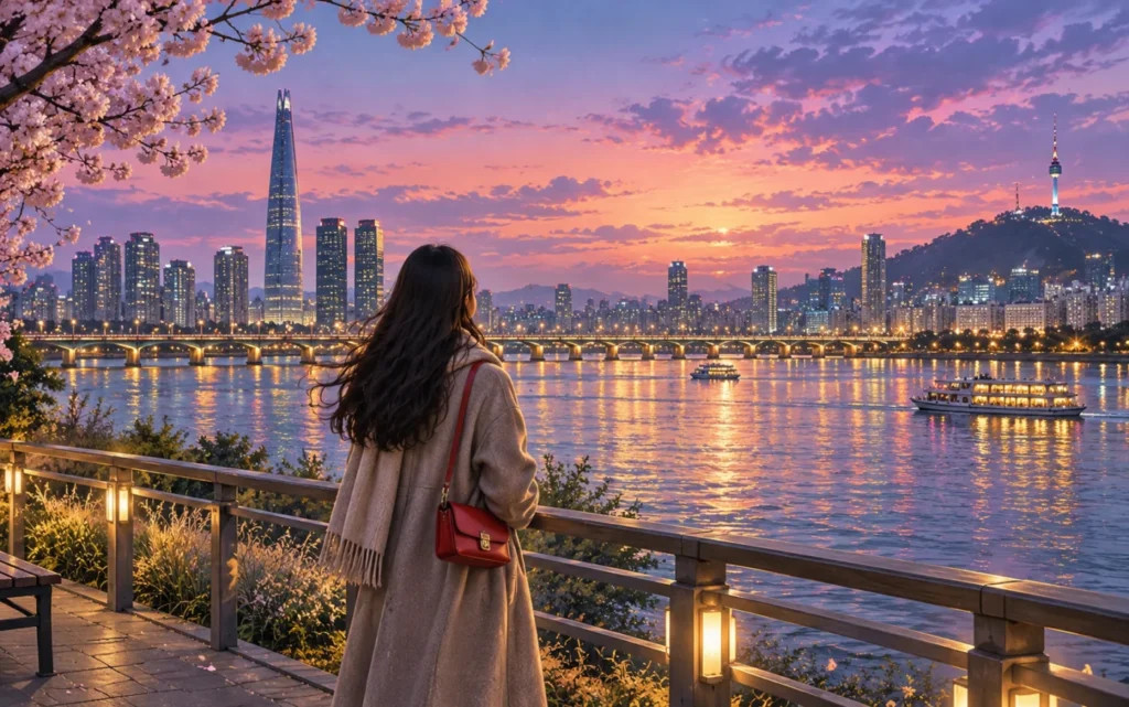 Minh họa cô gái nhìn về sông Hàn và đường chân trời Seoul lúc hoàng hôn tím hồng