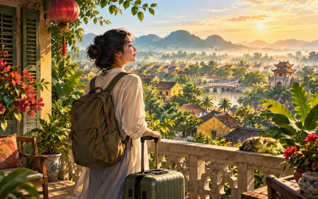 Minh họa cô gái cùng vali đứng trên ban công một con phố Việt Nam trong nắng sớm