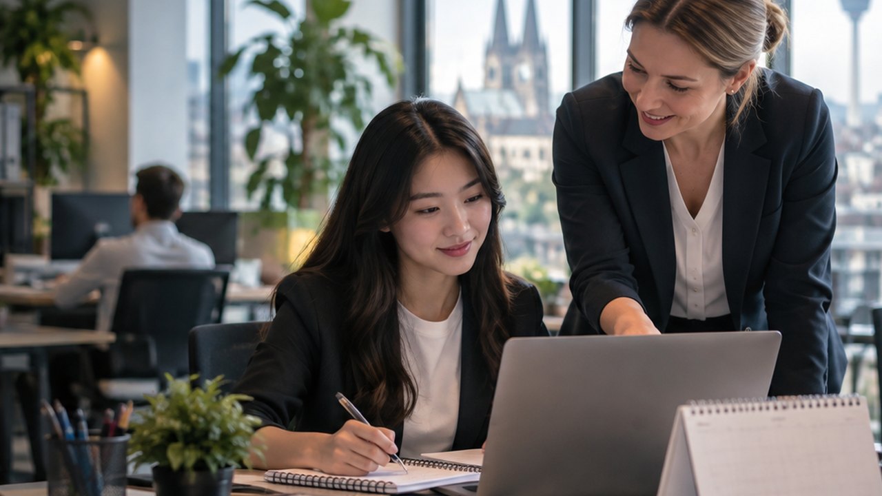 Học viên trao đổi với người hướng dẫn về tài liệu và công việc trong môi trường văn phòng Đức