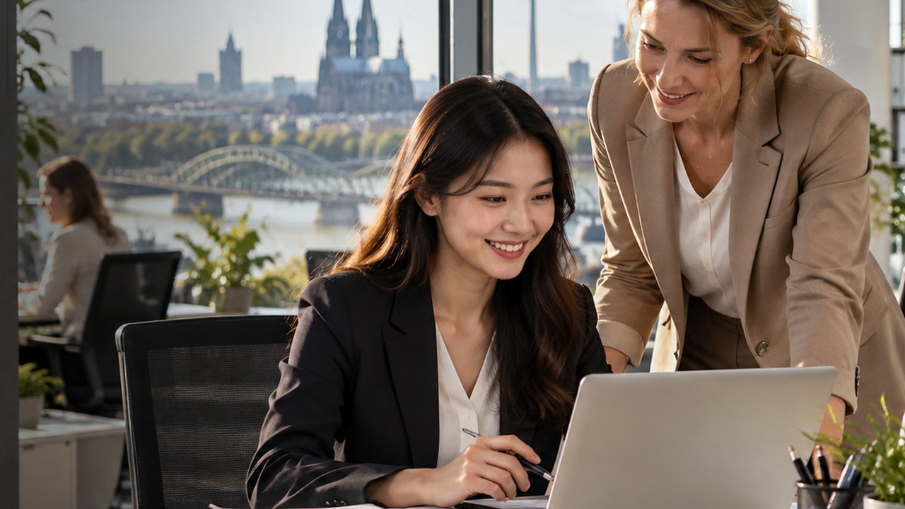 Nhân viên thương mại và hành chính làm việc với dữ liệu, hồ sơ và đồng nghiệp trong doanh nghiệp Đức